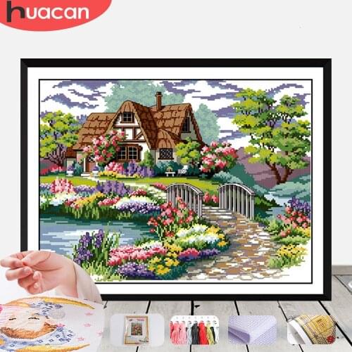 HUACAN Embroidery Cross Stitch House Landscape Needlework Sets For Full Kits White Canvas DIY Flower Gift Home Decor 14CT