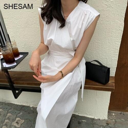 Korean Chic Minimalist Part Dress Temperament Cross V-neck One Piece Dresses Side Lace Up Waist Slim Sleeveless Dress