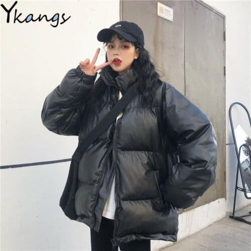 Black PU Leather Short Parkas WomenS Jackets Fashion Warm Thick Winter Solid Color Coats Female Zipper Cotton-Padded Clothing