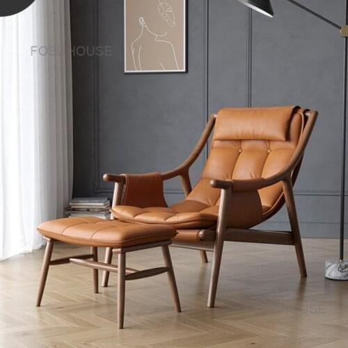 Nordic Solid Wood Leather Living Room Sofas Designer Single Sofa Chair Home Furniture Modern Balcony Recliner Chair Leisure Sofa