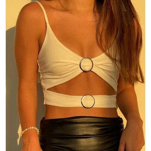 Sexy Cut-Out Crop Top Hollow Out V-Neck Spaghetti Strap Camis Women Summer Sleeveless Black White Tank Top Streetwear Clothes