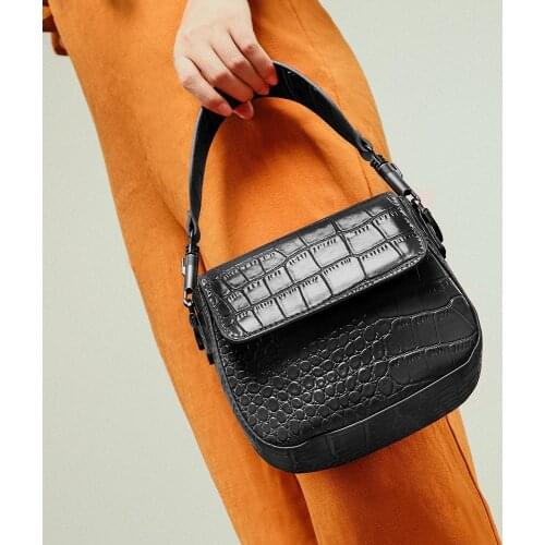 Fashion Pink Saddle Bags for Women Crocodile Pattern Ladies Crossbody Bag Wide Strap Small Female Purses and Handbag Black New