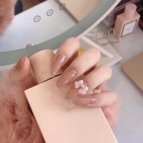 24pcs Fake Nails With Glue Pink Butterfly Wear Long Paragraph Fashion Manicure Patch False Nails Wearable Nail Patch For Girl DL