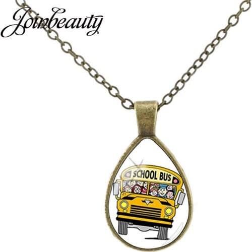 JOINBEAUTY New School Bus Student Vehicle Necklace Simple Water Drop Glass Cabochon Antique Bronze Plated Pendant Jewelry H210