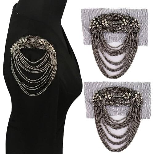 Manual Beads Flower Tassels Shoulder Board Applique Collar Patch Tassel Epaulets Shoulder Flower DIY Badge 2pc TH1710