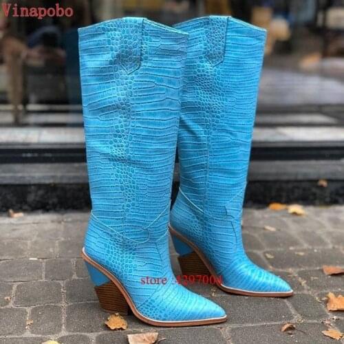 Knee High Boots Western Cowboy Green Boots for Women Long Winter Boots Pointed Toe Motorcycle Boots Women Chunky Wedges Boots