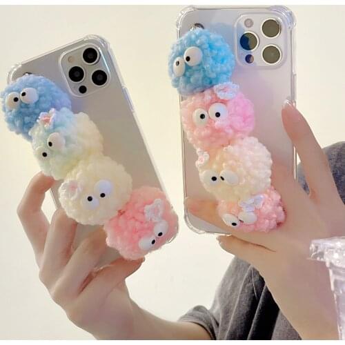 Cute Plush Toy Anti-fall Colored Fur Balls Phone Case For iPhone 12 Mini 12 11 ProMax XR X XS 7 8 Plus Clear Soft Silicone Shell