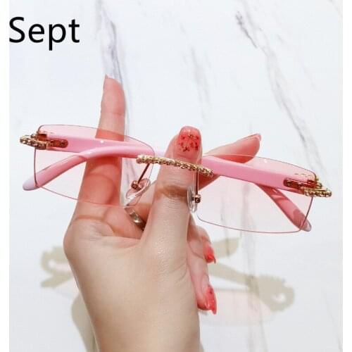Sept Fashion Luxury Diamond Square Sun Glasses Female Frameless Sunglasses Men Women Purple pink Gradient Trimming Lens UV400