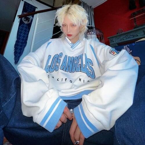 Gothic Punk Teens Losangeles Embroidered Hoodies V-neck Black White Sweatshirt High Quality Oversized Long Sleeve Autumn Tops