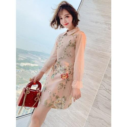 Knitted stitching mesh sleeve top + beaded jacquard vest skirt two-piece womens 2020 autumn new