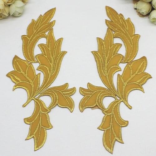 3D Flower Applique Mirror Pairs Gold Embroidered Trims Iron on Padded leaves floral patches 22cm-11cm