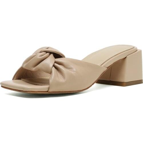 Sweet Butterfly Knot Women girls Mules slippes Genuine Leather Thick Heels Pumps Famale Wedding Party Shoes Woman Heels Size 43