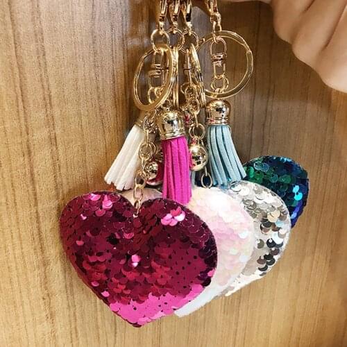 Women Sequins Heart Cute Glitter Sequins Jewelry Key ChainBag Keychain With TasselGifts Accessories