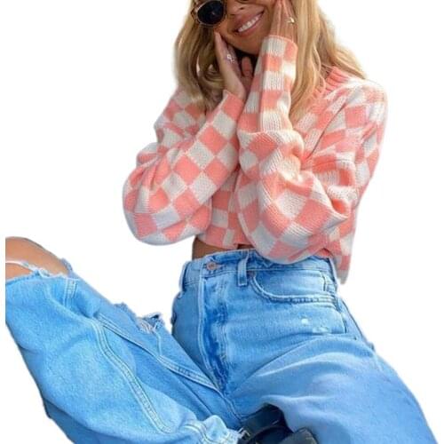 Women’s Casual Long Sleeve Sweater Fashion Contrast Color Plaid Exposed Navel Knitted Tops