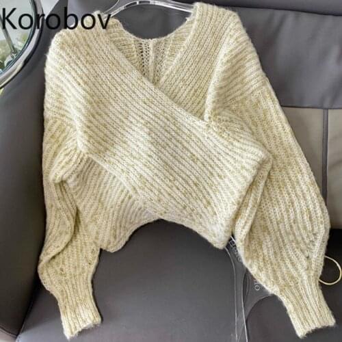 Korobov Korean Style Knitted Sweater Women V Neck Long Sleeve Pullover Jumpers Cross Design Casual Tops New Chic Pull Femme