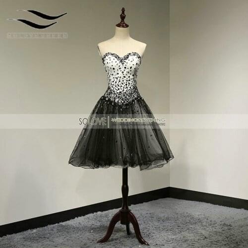 2015 Real Picture Lovely Crystal Sweetheart Black Short Prom Dress Mini 2015 Tulle vestido de festa curto (SL-P128)