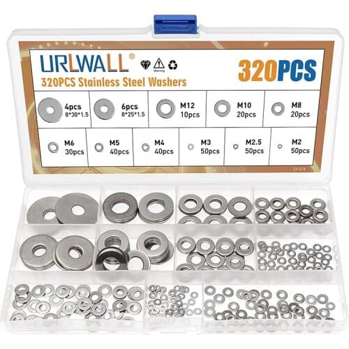 320Pcs Spacer 304 Stainless Steel Washer Plain Gasket For Screw Bolt Flat Metal M2 M2.5 M3 M4 M5 M6 M8 M10 M12 Washer