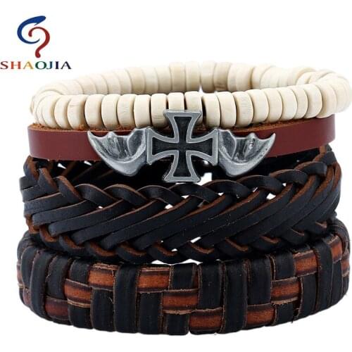 4Psc/set Fashion Leather Cross Bracelets & Bangles For Men Adjustable Charm Men Chain Jewelry Wing Leather Bracelet Good Price