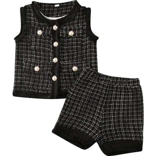 Boutique Kid Clothes 2020 Toddler Baby Girls Winter Clothes Set Sleeveless Plaid Coat Tops+Short Pants 2pcs Casual Outfits