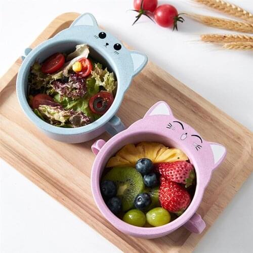 Wheat Straw Bowl Cat Design Small Bowl with Handle Eco-friendly Big Salad Meal Mug Children Dinnerware