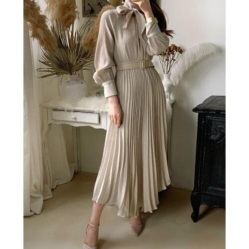 Elegant Autumn Bow Collar Long Dress Women Long Sleeve Sashes Pleated Dress Chic High Waist Female A-line Dresses 2021