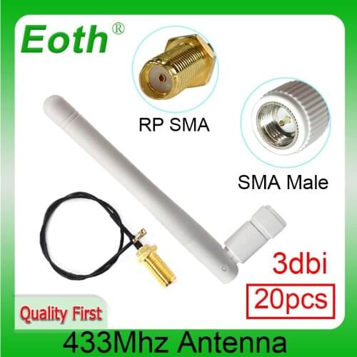 20pcs 433Mhz Antenna 3dbi GSM 433 mhz SMA Male Connector Aerial antena 433m + RP-SMA female to Ufl./IPX Extension Pigtail Cable