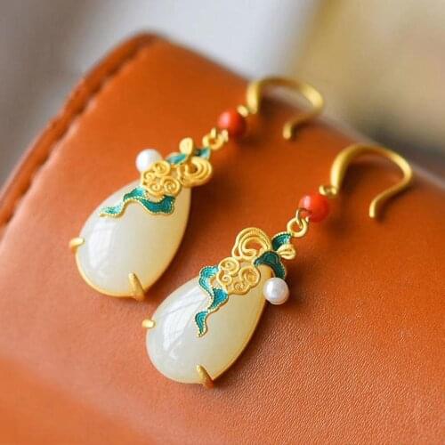 Ethnic-style eardrops with sterling silver cloisonne inlaid with hetian jade drop eardrops have classical temperament