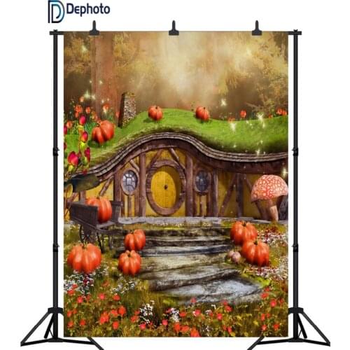 DePhoto Fairy Tale house Photography Backdrops Child party Backgrounds Photo Studio Pumpkin Mushrooms Flowers Photo Background
