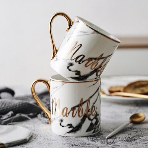 HOMIES Luxury Marble Pattern Ceramic Mug Gold Plated With Handle Mugs Morning Milk Coffee Tea Cup Pink Gray Couple Home Decor