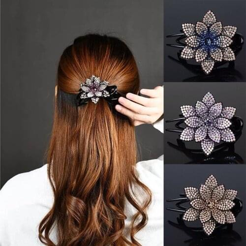 Korean Rhinestone Flower Duckbill Hair Claws Vintage Hair Clips Hair Accessories For Women Shinning Hairpin Ponytail Headwear