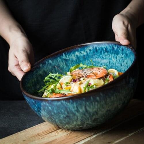 European creative ceramic tableware peacock blue retro style salad bowl big soup bowl pickled cabbage fish bowl big fruit bowl t