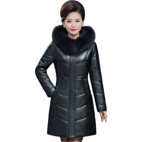 2020 Middle aged Womens Leather Jacket Winter New Thicken Warm PU Mid-length Leather Coat Female Outerwear Plus Size 6XLA442