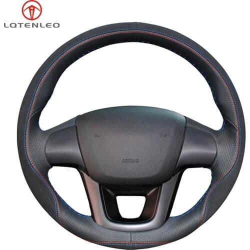 LQTENLEO Black Genuine Leather Suede Car Steering Wheel Cover For Kia K2 2010-2016 Kia Rio 2011 2012 2013 2014 2015 2016