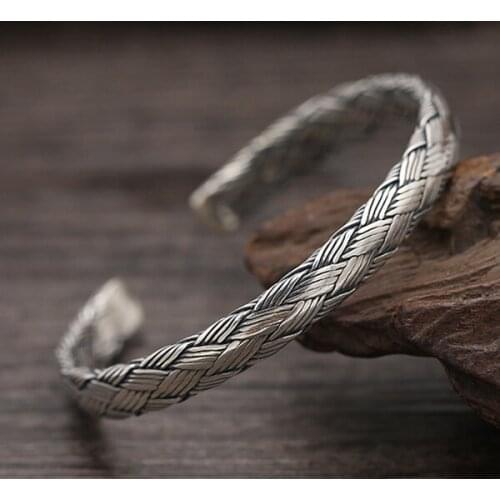 Mens Real 925 Sterling Silver Cuff Bracelet Braided Hemp Rope Jewelry A3024
