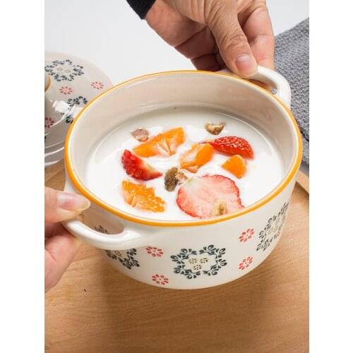 New Binaural baking bowl with lid large steamed egg stew pot ceramic baking tableware dessert fruit bowl breakfast oatmeal bowl