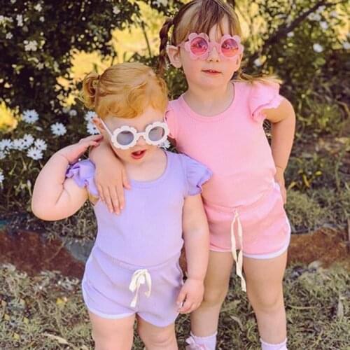 1-5Y Baby Girls Clothes Summer Kids Baby Girls Boys Clothes Sets Ruffles Short Sleeve Pullover T Shirts Shorts Solid Outfits