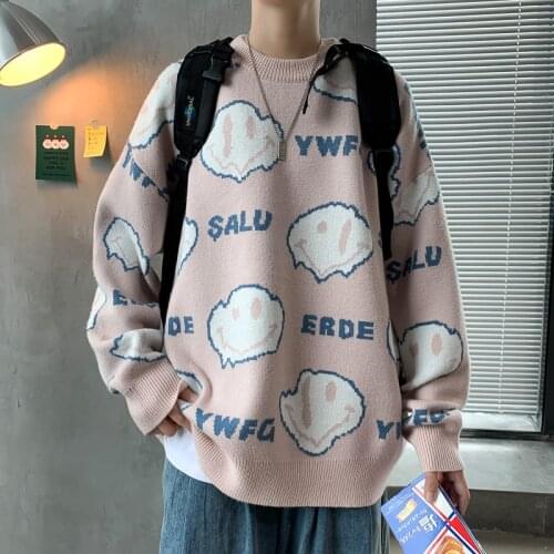 Mens Hip Hop Pullover Sweater Harajuku Fashion Knitted O-neck Cartoon Ovsizide Autumn Winter Loose Long Sleeve Casual Sweater
