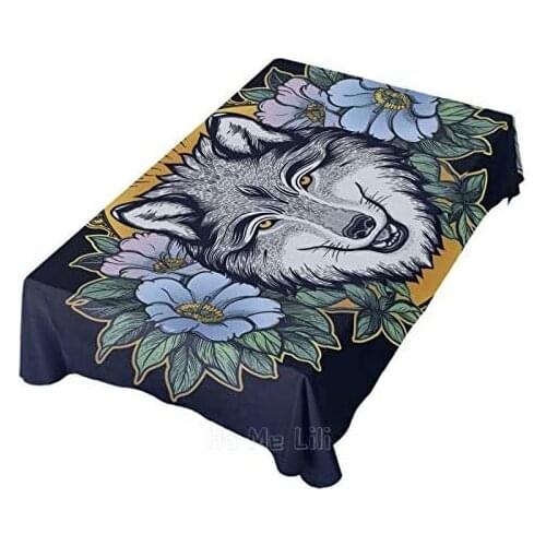 Wolf Portrait In Floral Frame Tablecloth Wrinkle Resistant Table Kitchen Party