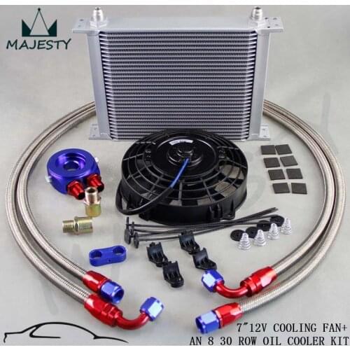 Universal 30 Row engine Transmission 8AN Oil Cooler KIT+ 7" Electric Fan Kit Silver