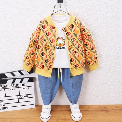 Spring Gentleman Cotton Coat Children Baby Clothes Kids Boy Zipper Printe Work Suit T Shirt Jeans 3Pcs/Sets Toddler Leisure Suit