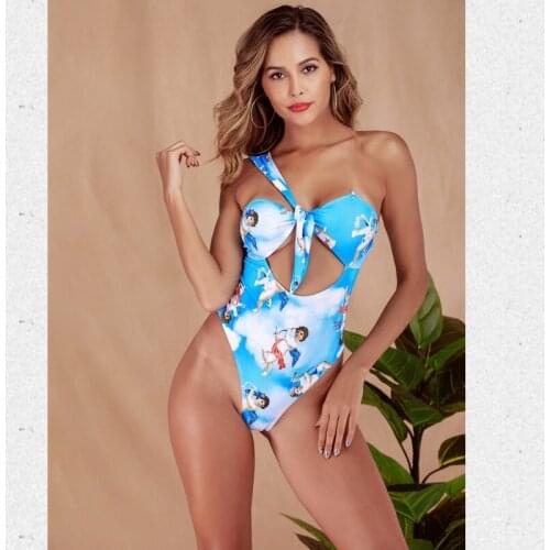 Womens One-Piece Swimsuit Blue Bandeau Bowknot Bandage Bikini Push-up Padded Swimwear Casual Print Beachwear