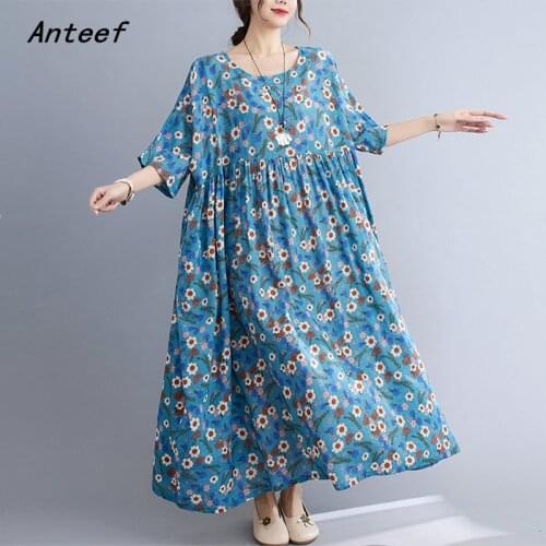Short sleeve cotton vintage floral dresses for women casual loose long woman summer dress elegant clothes 2021