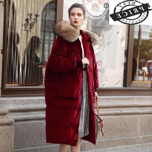 Winter Coat Female Thick Warm Womens Down Jacket Raccoon Fur Hooded 2021 Korean Vintage Velvet Long Duck Down Coat W122a
