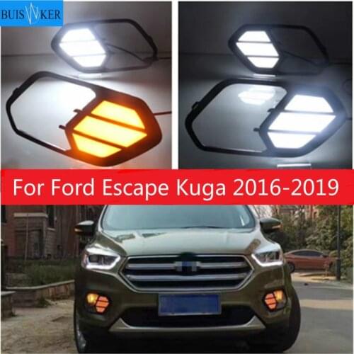 2PCS LED Daytime Running Light For Ford Escape Kuga 2016 2017 2018 2019 Turn Yellow Signal Waterproof Car 12V LED DRL Lamp