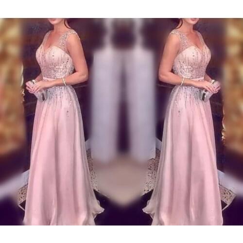 2019 New Sexy Blush Pink Evening Dresses Wear Crystal Beaded Chiffon Spaghetti V Neck Illusion Long Floor Length Plus Size Prom
