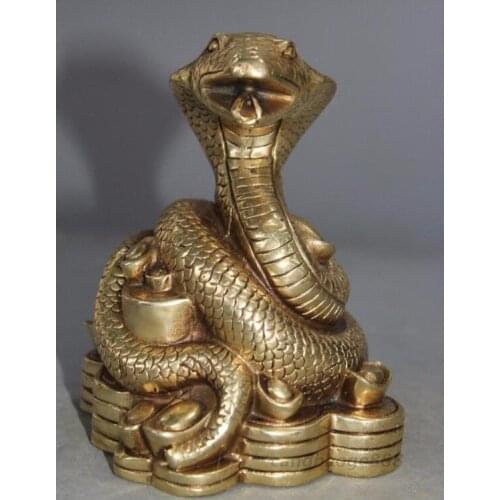 4.3" Chinese brass Yuanbao Coins Wealth Zodiac Year Snake Snakes sculpture