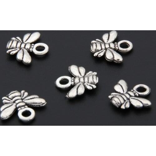 50pcs Silver Color Lovely Mini Bee Charms Insects Animal Pendant Bracelet Necklaces Jewelry Supplies A3349