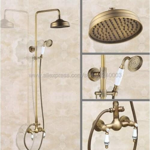 Antique Brass Shower Faucet 8" Rainfall Shower Head Dual Handles with Handshower Kan107