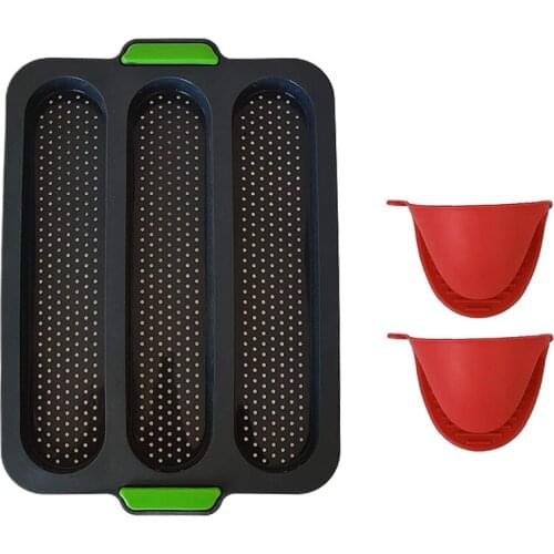 Non Stick Perforated Silicone Baguette Pan For French Bread Baking 3 Loaves Bake Mold With 2 Mitts