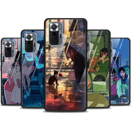 Anime Neon Color Art Girl For Xiaomi Redmi K40 K30 K20 9T 9C 9A 9 8A 7 Pro Plus Tempered Glass Phone Case